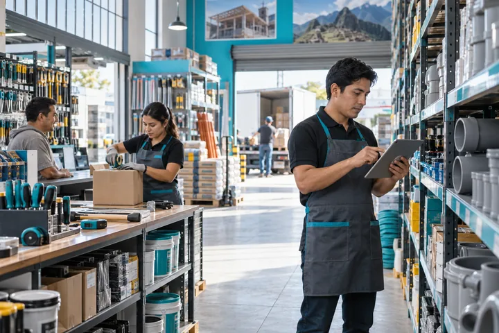 Equipo de ferretería verificando stock y preparando un despacho