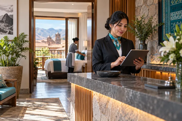 Recepcionista coordinando la operación de un hotel desde una tablet