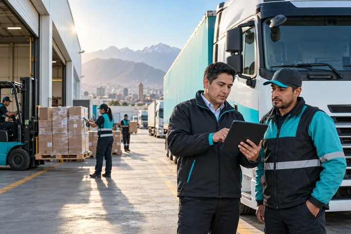 Equipo de transporte coordinando una ruta junto a un camión